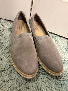 Clarks Gray Suede Slip-On Loafers with Tan Trim